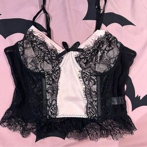 Pink black lace crop top sheer M